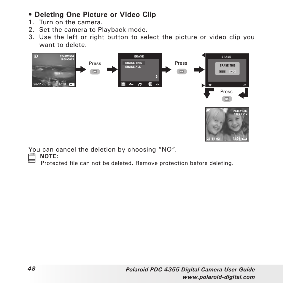 Deleting one picture or video clip | Polaroid PDC 4355 User Manual | Page 48 / 80