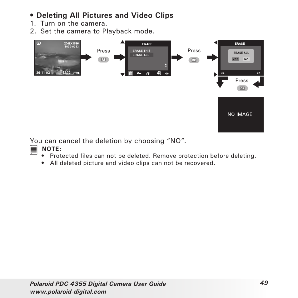 Deleting all pictures and video clips | Polaroid PDC 4355 User Manual | Page 49 / 80