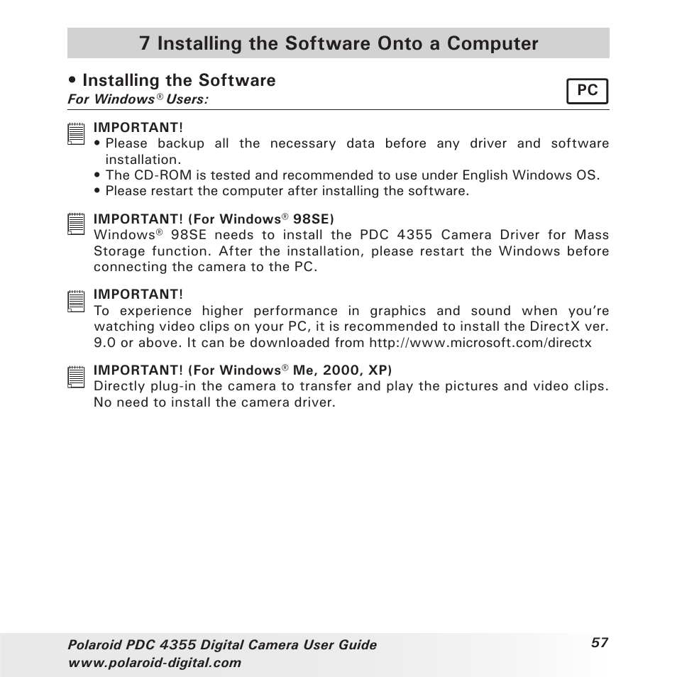 7 installing the software onto a computer, Installing the software | Polaroid PDC 4355 User Manual | Page 57 / 80