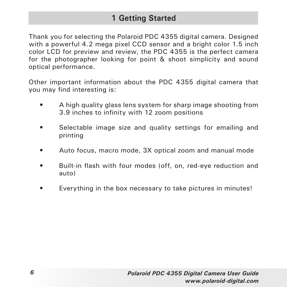 1 getting started | Polaroid PDC 4355 User Manual | Page 6 / 80