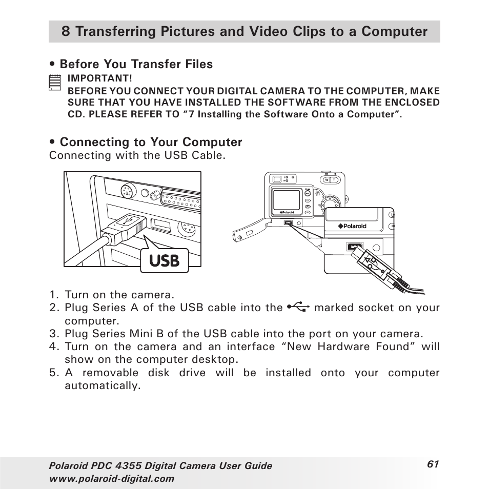 Before you transfer files, Connecting to your computer, Connecting with the usb cable | Polaroid PDC 4355 User Manual | Page 61 / 80