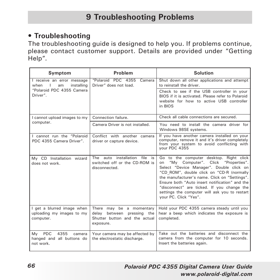 9 troubleshooting problems, Troubleshooting | Polaroid PDC 4355 User Manual | Page 66 / 80