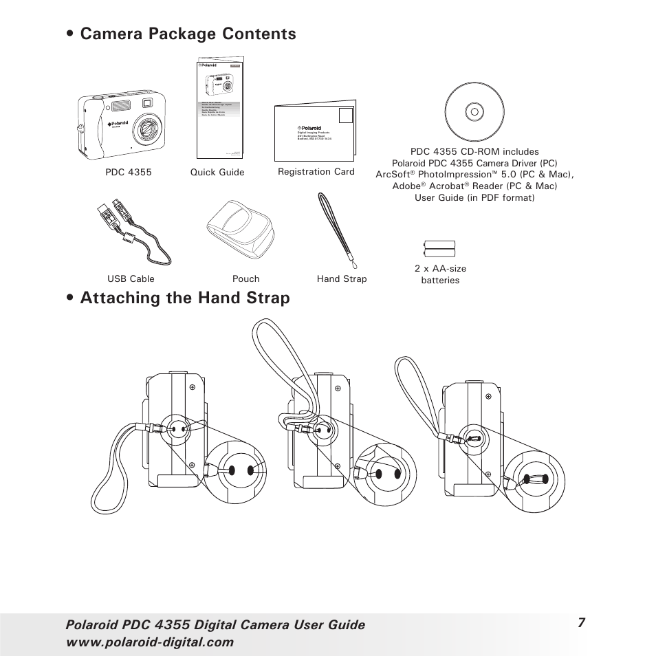 Camera package contents, Attaching the hand strap | Polaroid PDC 4355 User Manual | Page 7 / 80