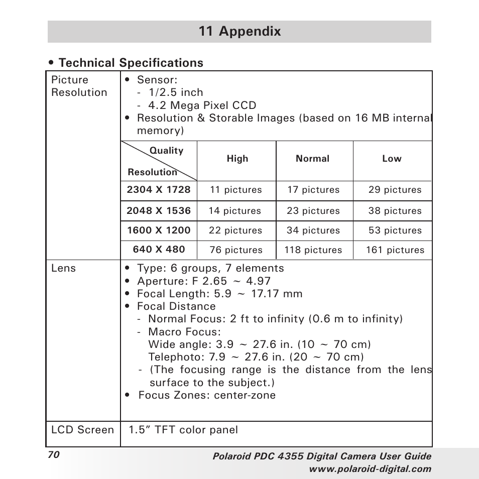 11 appendix, Technical specifications | Polaroid PDC 4355 User Manual | Page 70 / 80