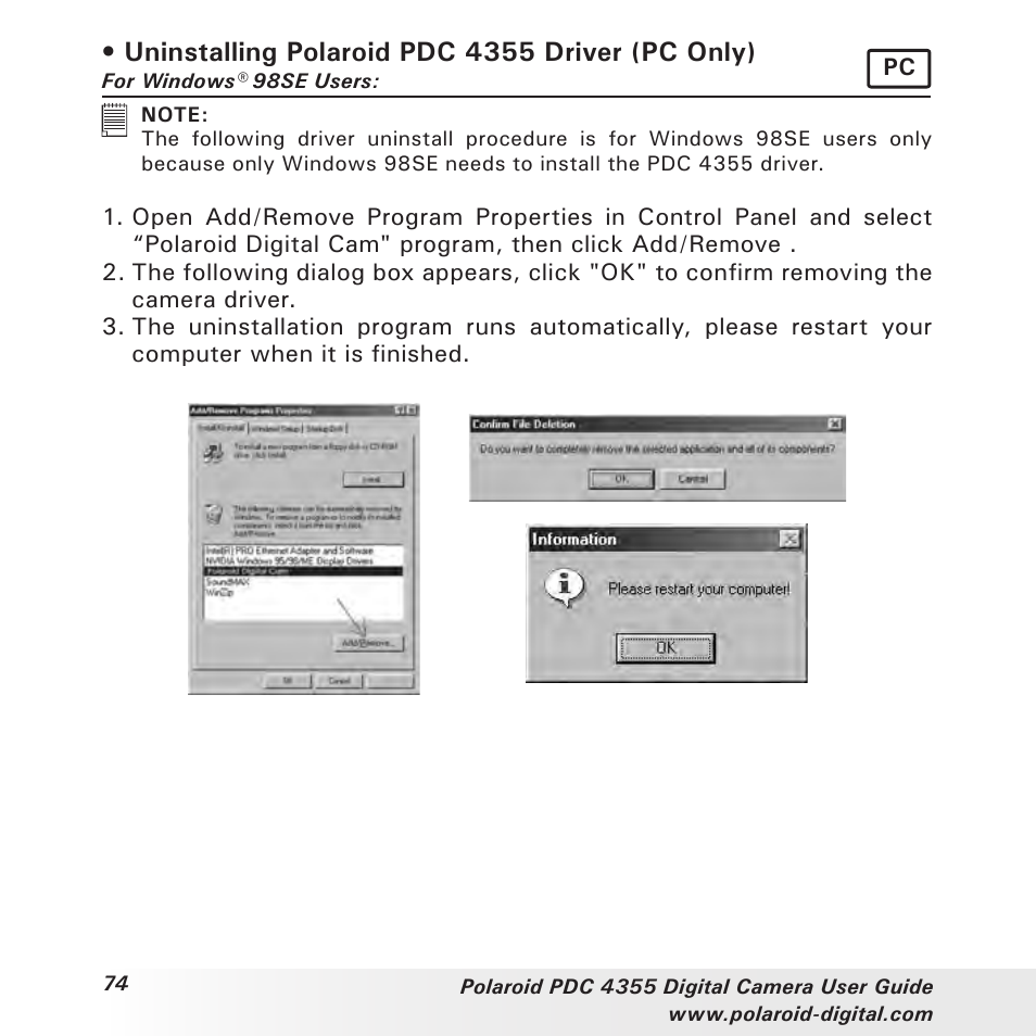 Uninstalling polaroid pdc 4355 driver (pc only) | Polaroid PDC 4355 User Manual | Page 74 / 80