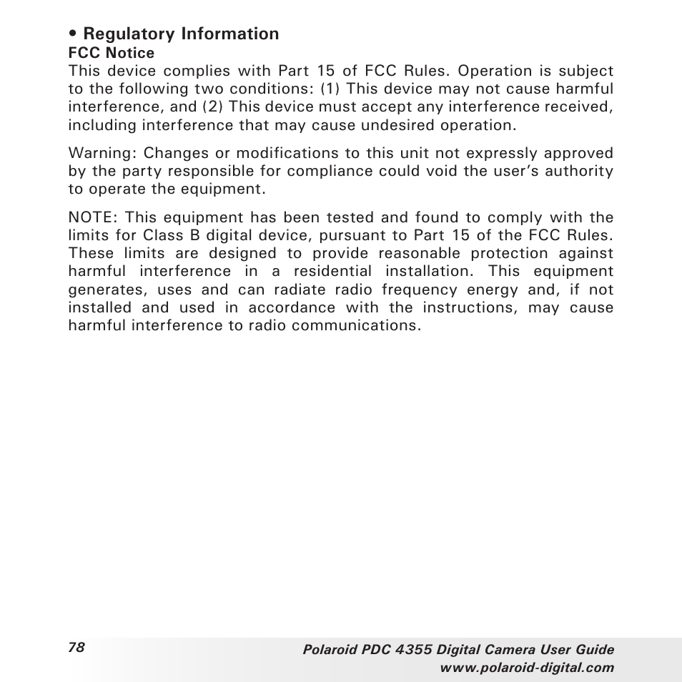 Regulatory information | Polaroid PDC 4355 User Manual | Page 78 / 80