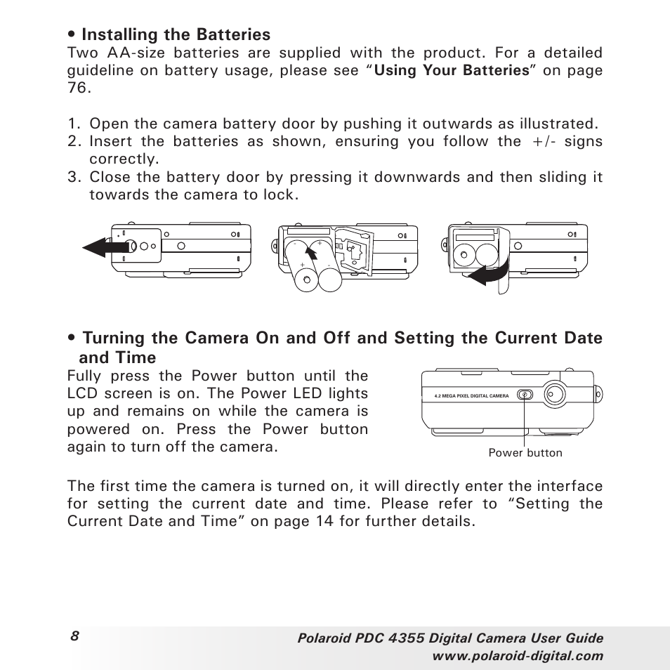 Installing the batteries | Polaroid PDC 4355 User Manual | Page 8 / 80