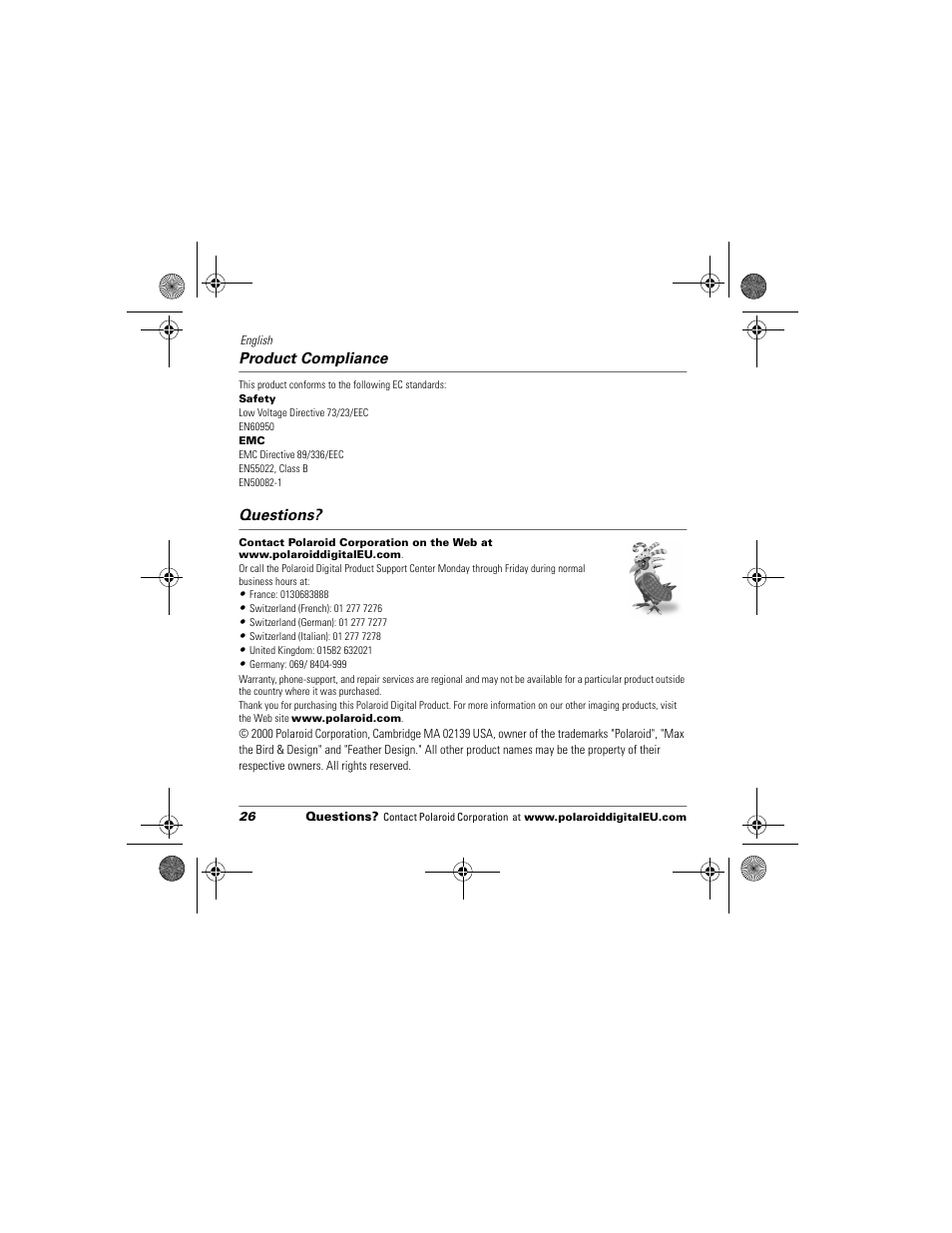 Product compliance, Questions | Polaroid Flash 640 SE User Manual | Page 28 / 80
