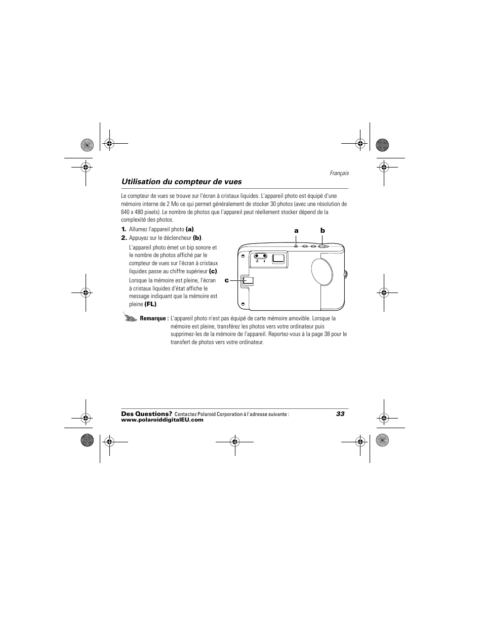 Utilisation du compteur de vues | Polaroid Flash 640 SE User Manual | Page 35 / 80