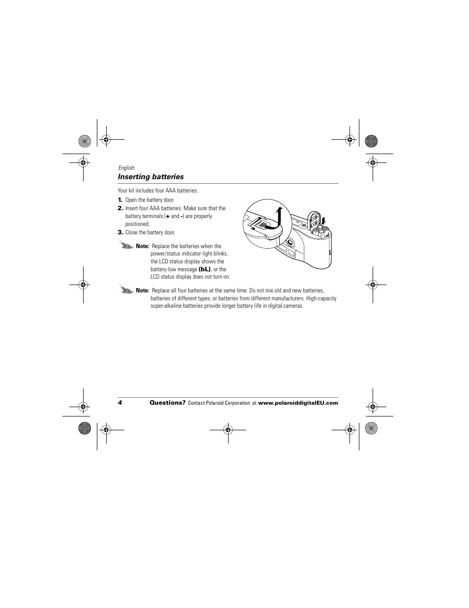 Inserting batteries | Polaroid Flash 640 SE User Manual | Page 6 / 80