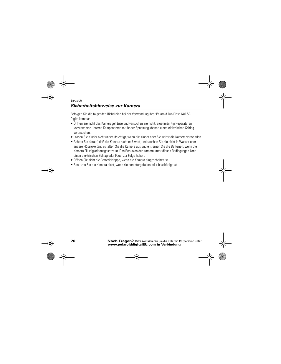 Sicherheitshinweise zur kamera | Polaroid Flash 640 SE User Manual | Page 78 / 80