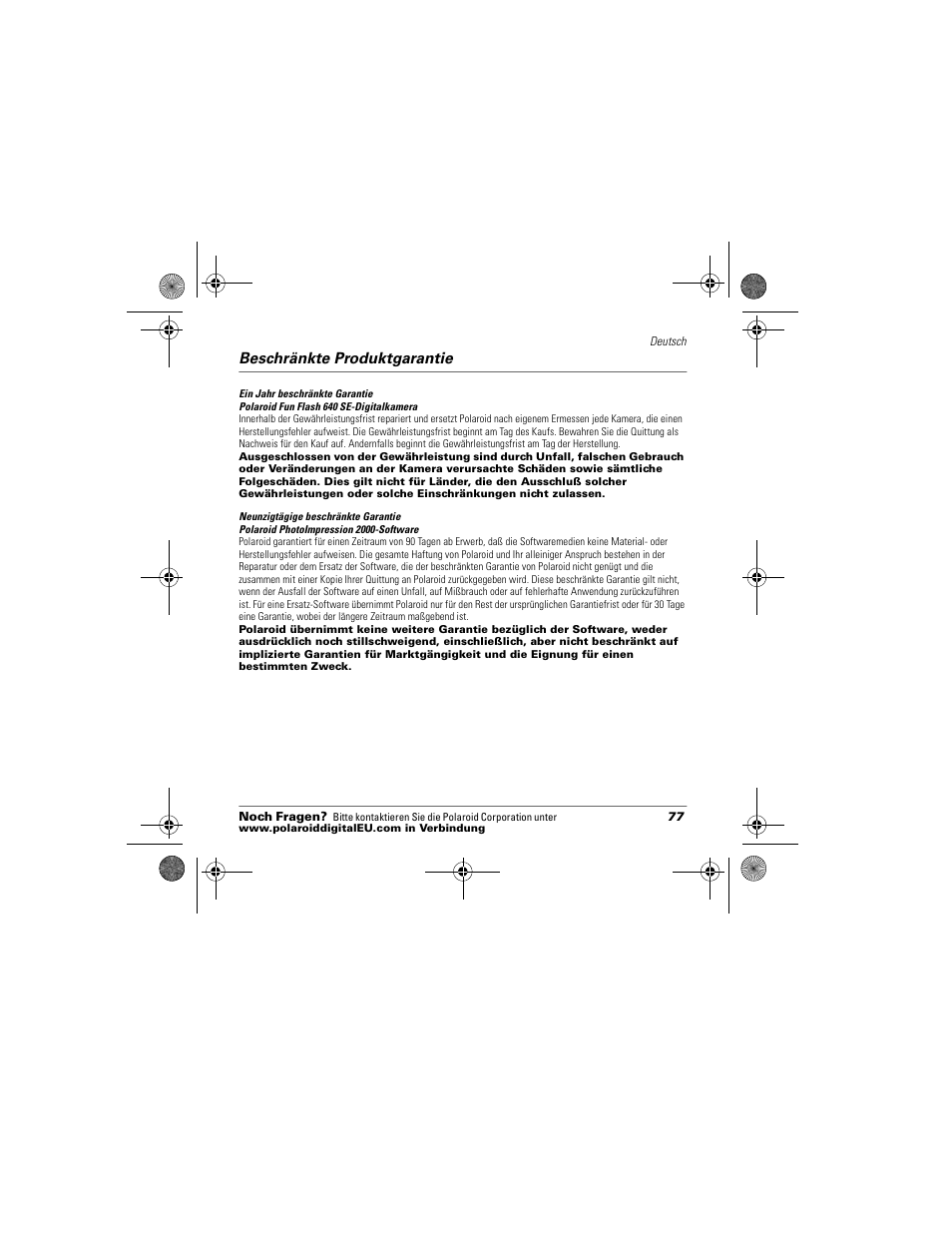 Beschränkte produktgarantie | Polaroid Flash 640 SE User Manual | Page 79 / 80