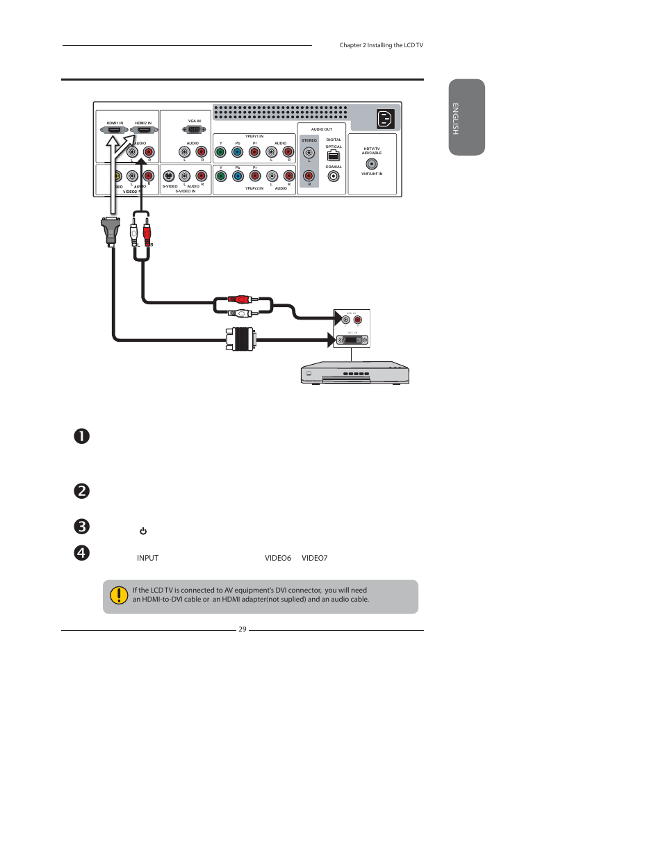 Connecting an av equipment with dvi connector, Use an audio cable to connect the, Audio output jacks to lcd tv’s hdmi audio jacks | Polaroid TDA-03211C User Manual | Page 31 / 72