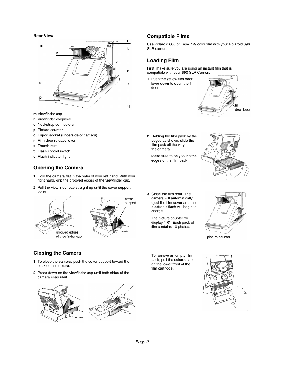 Rear view, Opening the camera, Closing the camera | Compatible films, Loading film | Polaroid 690 User Manual | Page 3 / 5