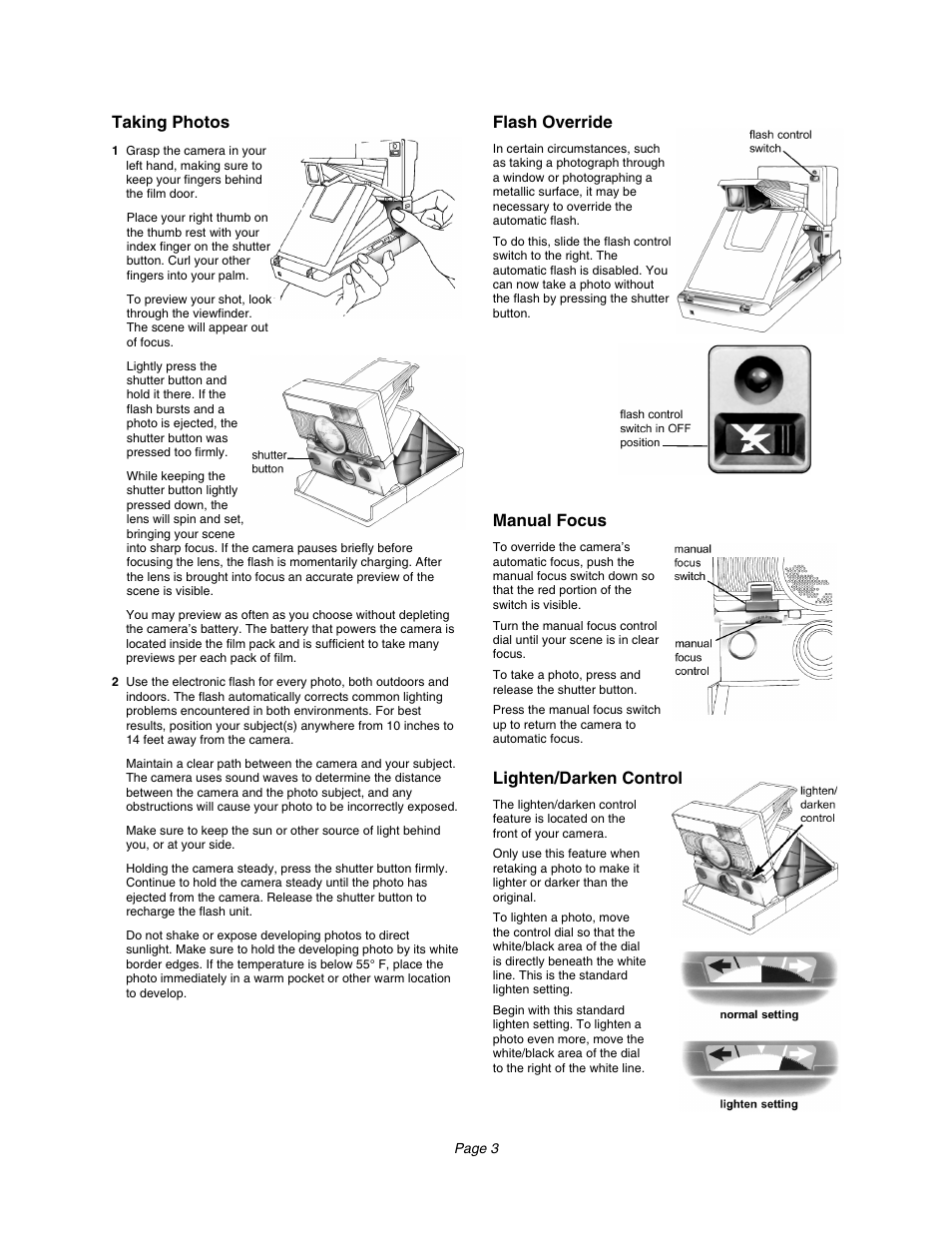 Taking photos, Flash override, Manual focus | Lighten/darken control | Polaroid 690 User Manual | Page 4 / 5