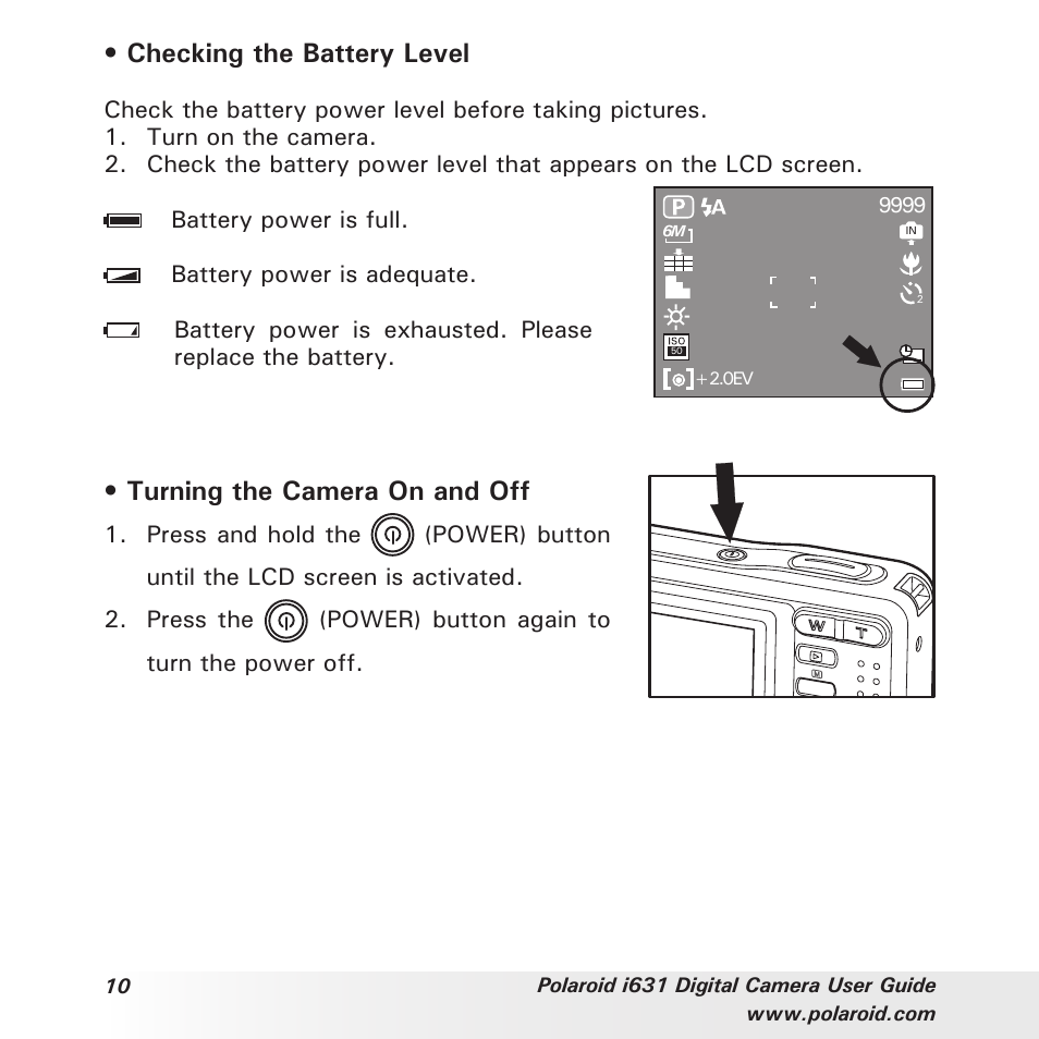 Checking the battery level, Turning the camera on and off | Polaroid I631 User Manual | Page 10 / 113