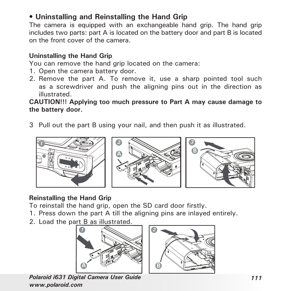 Uninstalling and reinstalling the hand grip | Polaroid I631 User Manual | Page 111 / 113