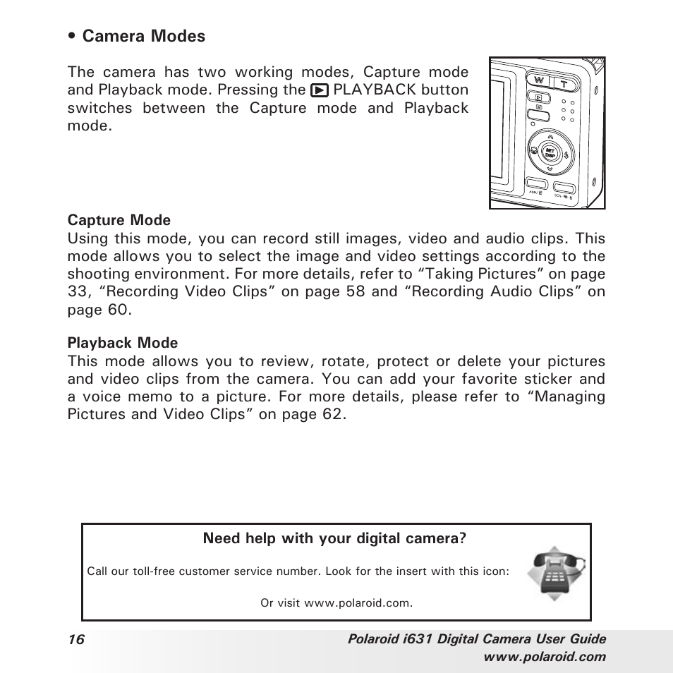 Camera modes | Polaroid I631 User Manual | Page 16 / 113