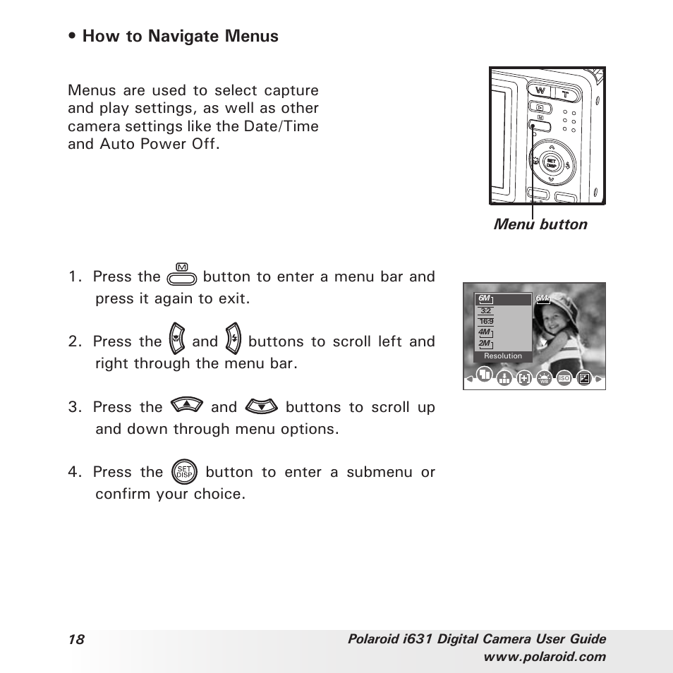 How to navigate menus | Polaroid I631 User Manual | Page 18 / 113