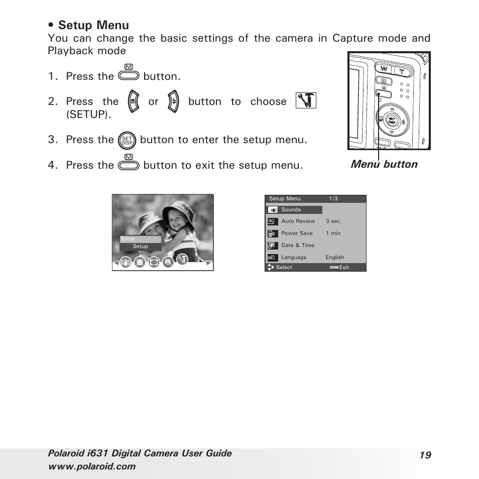 Setup menu | Polaroid I631 User Manual | Page 19 / 113