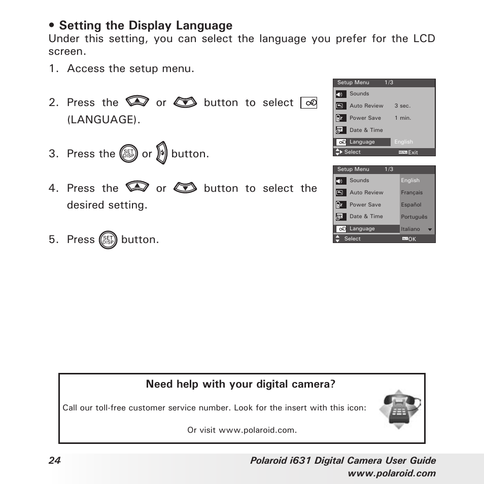 Setting the display language, Need help with your digital camera | Polaroid I631 User Manual | Page 24 / 113