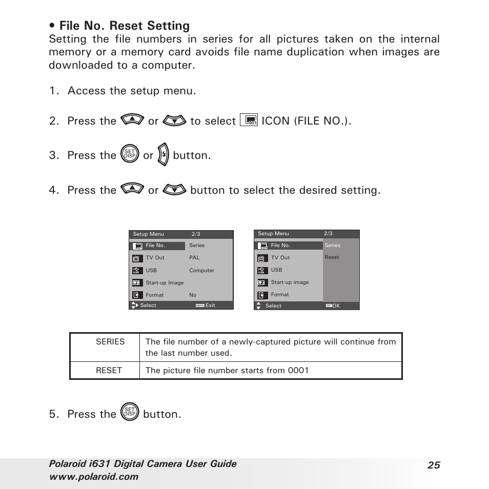 File no. reset setting, Press the button | Polaroid I631 User Manual | Page 25 / 113