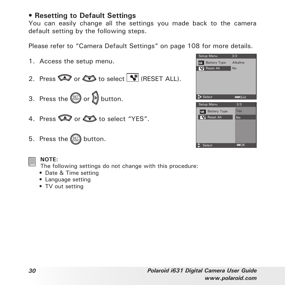 Resetting to default settings | Polaroid I631 User Manual | Page 30 / 113