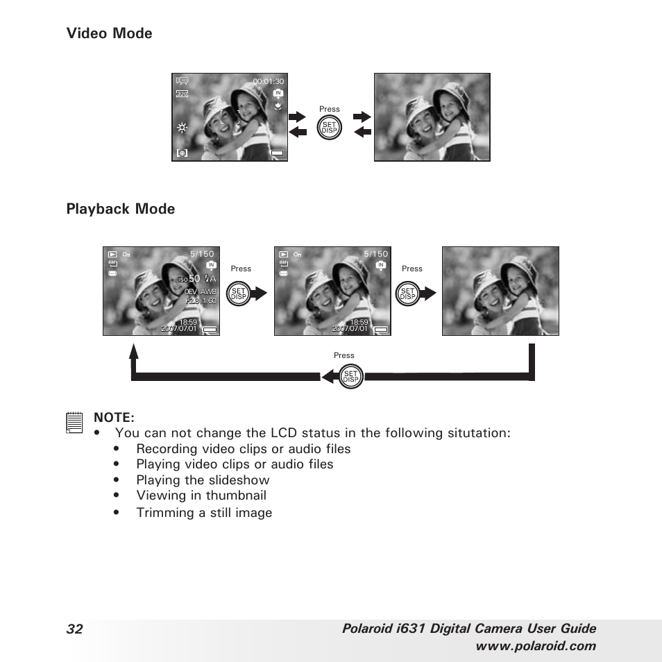 Video mode, Playback mode, Playing video clips or audio files | Polaroid I631 User Manual | Page 32 / 113