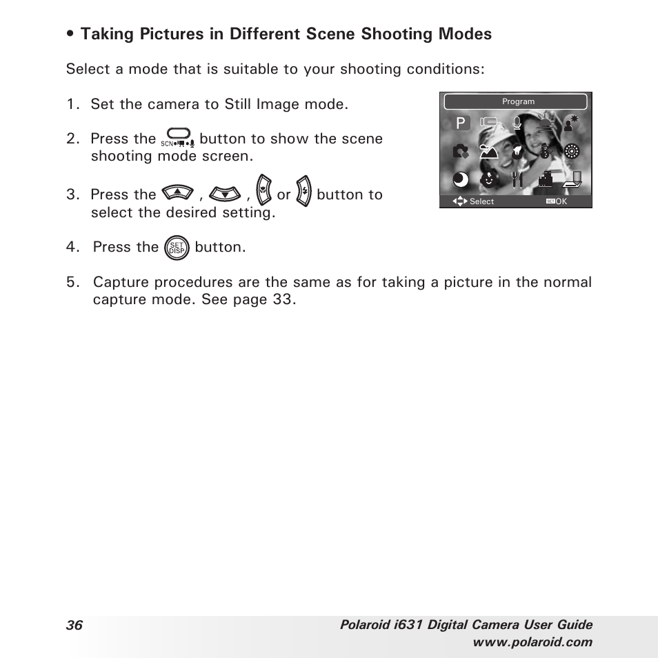 Taking pictures in different scene shooting modes | Polaroid I631 User Manual | Page 36 / 113