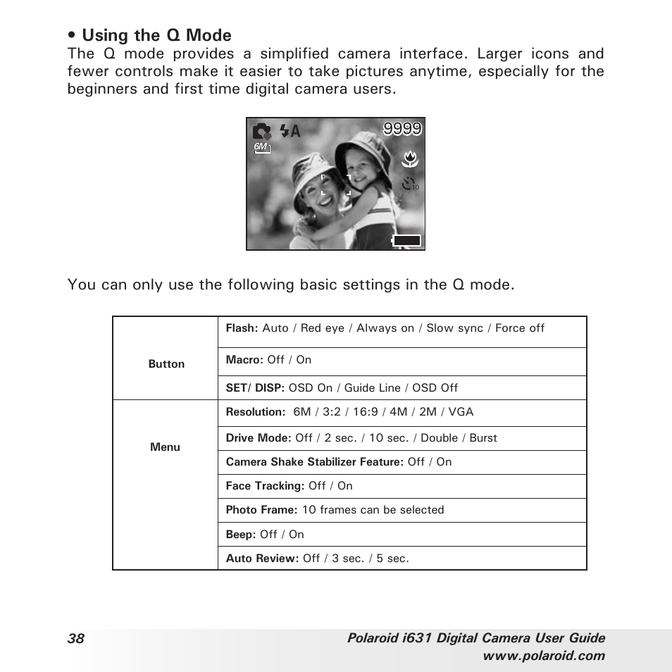 Using the q mode | Polaroid I631 User Manual | Page 38 / 113