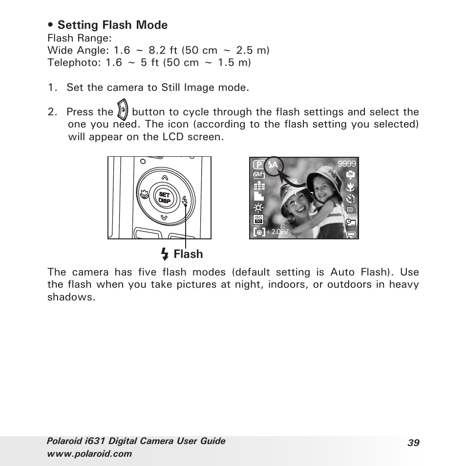 Setting flash mode, Flash | Polaroid I631 User Manual | Page 39 / 113
