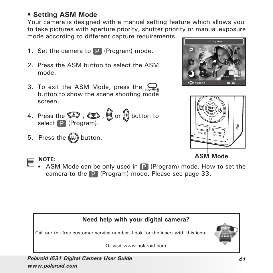 Setting asm mode | Polaroid I631 User Manual | Page 41 / 113