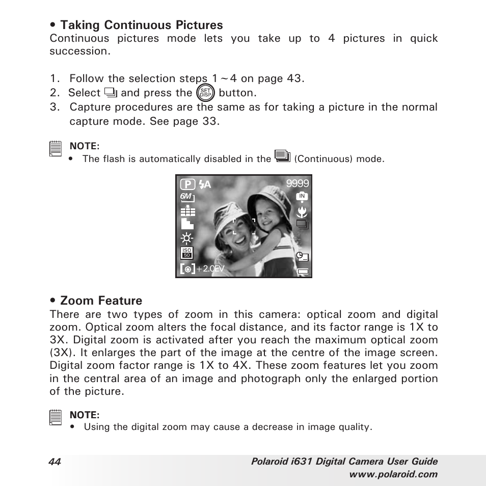 Taking continuous pictures, Zoom feature | Polaroid I631 User Manual | Page 44 / 113