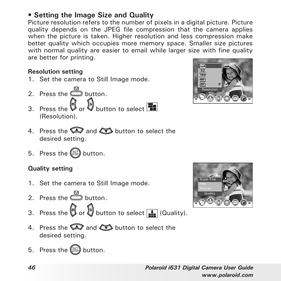 Setting the image size and quality | Polaroid I631 User Manual | Page 46 / 113