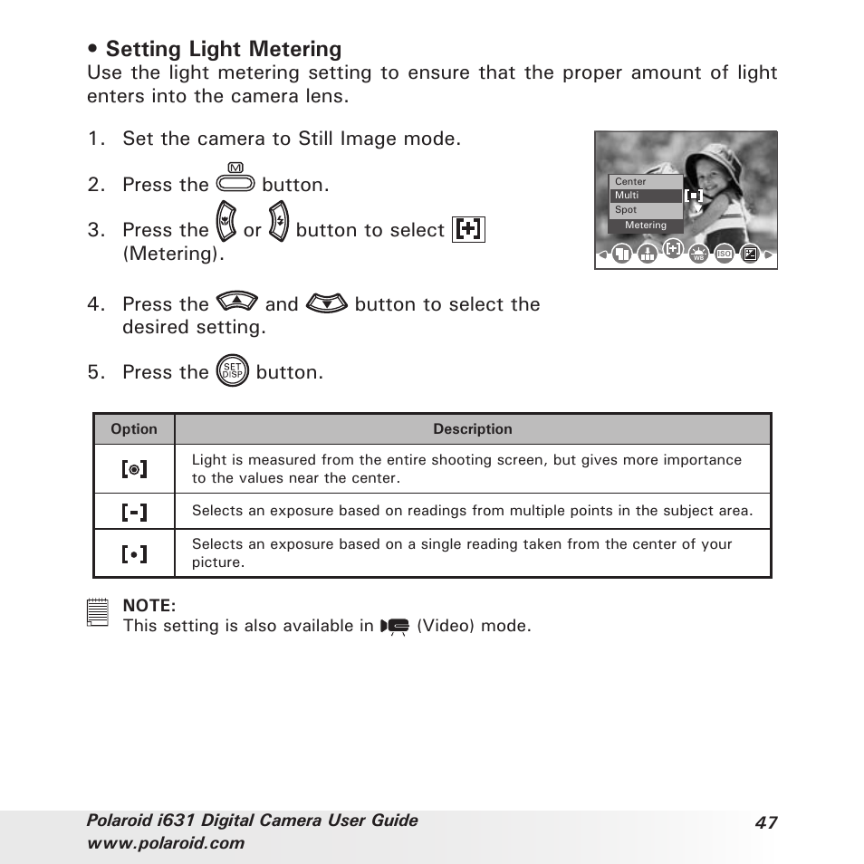 Setting light metering | Polaroid I631 User Manual | Page 47 / 113