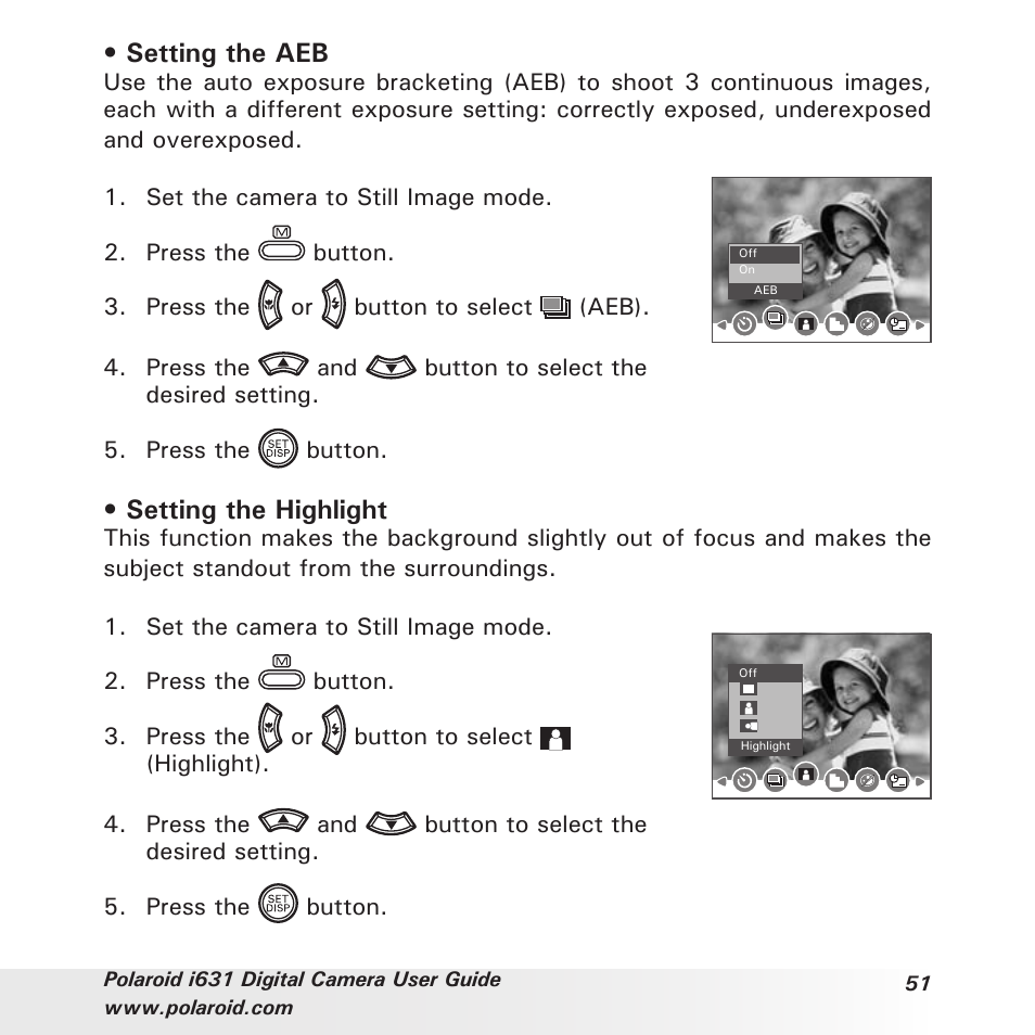 Setting the aeb, Setting the highlight | Polaroid I631 User Manual | Page 51 / 113