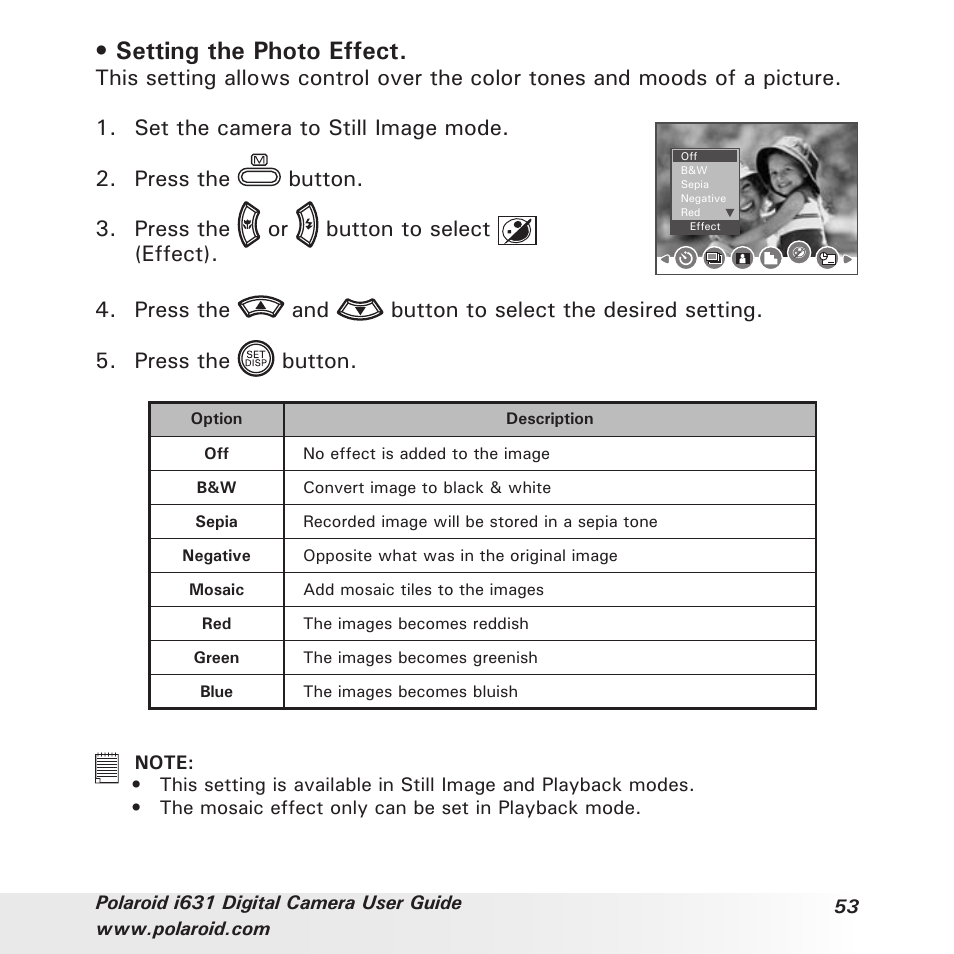 Setting the photo effect | Polaroid I631 User Manual | Page 53 / 113