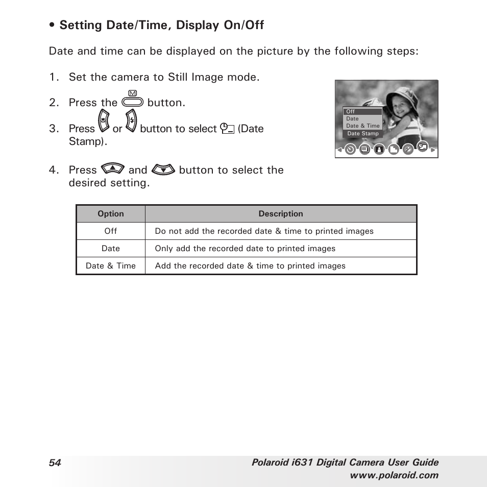 Setting date/time, display on/off, Press and button to select the desired setting | Polaroid I631 User Manual | Page 54 / 113