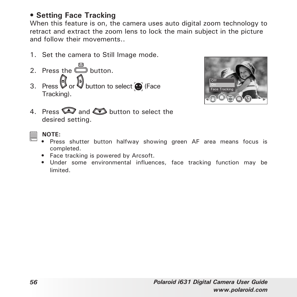 Setting face tracking | Polaroid I631 User Manual | Page 56 / 113