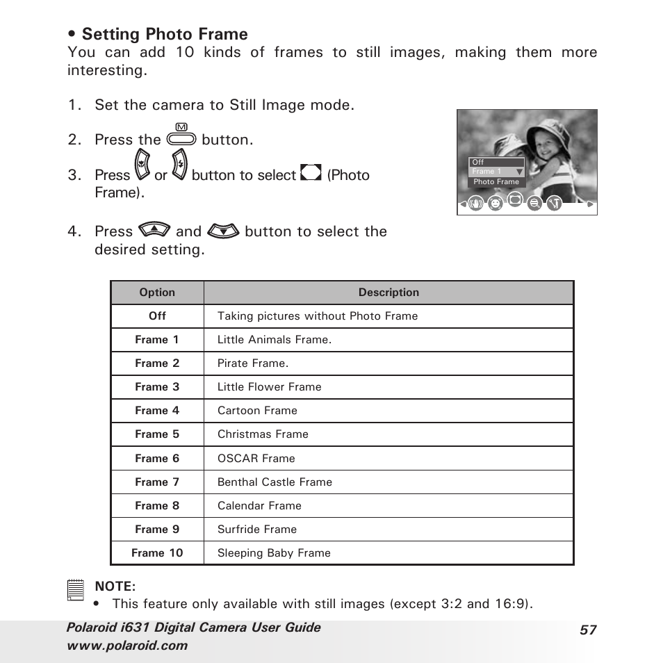 Setting photo frame, Press and button to select the desired setting | Polaroid I631 User Manual | Page 57 / 113