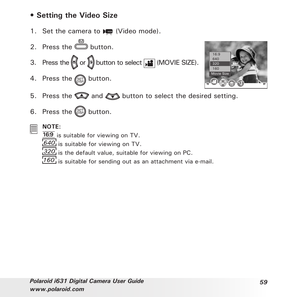 Setting the video size | Polaroid I631 User Manual | Page 59 / 113