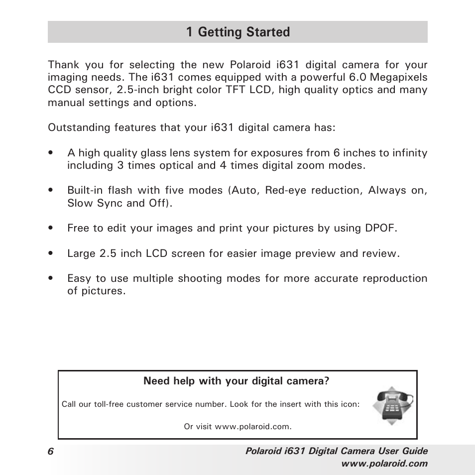 1 getting started | Polaroid I631 User Manual | Page 6 / 113