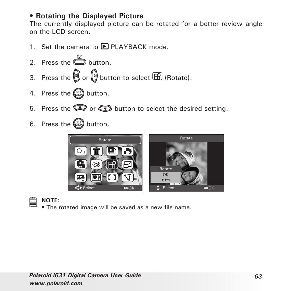 Rotating the displayed picture | Polaroid I631 User Manual | Page 63 / 113