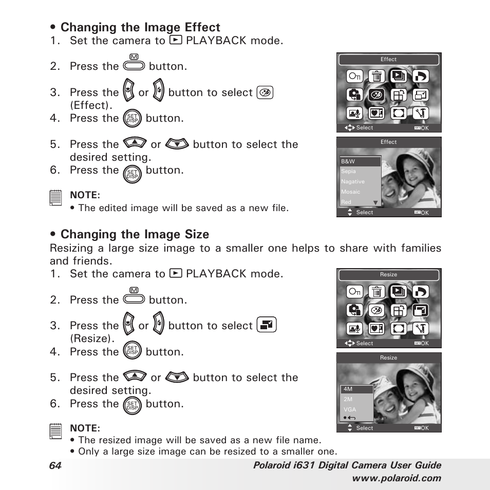 Changing the image effect, Changing the image size | Polaroid I631 User Manual | Page 64 / 113