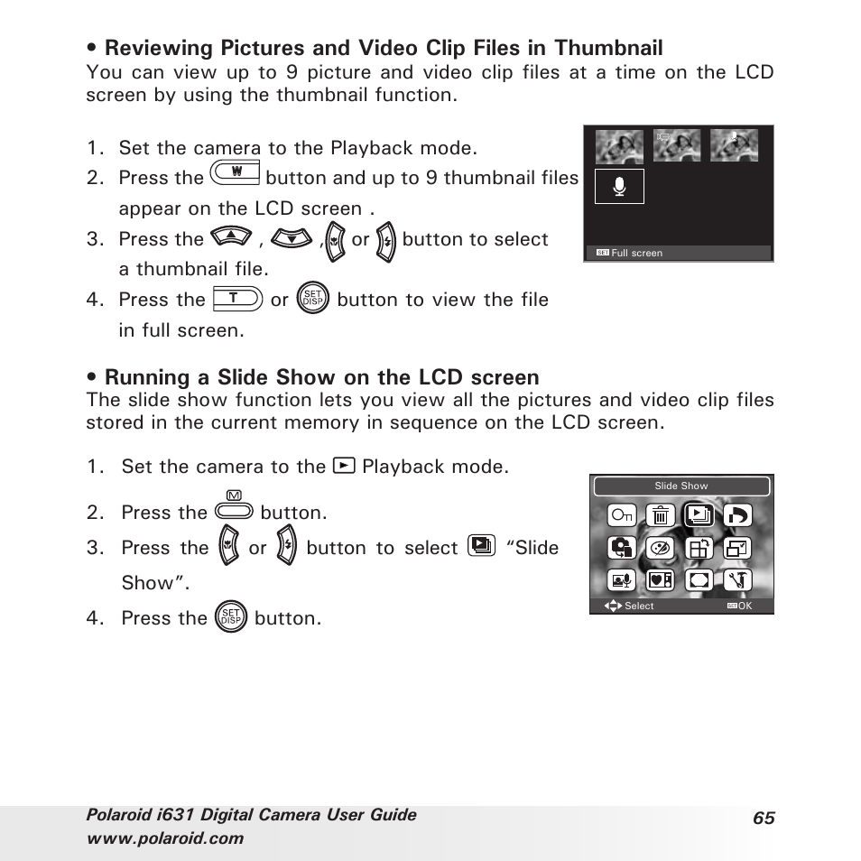 Running a slide show on the lcd screen | Polaroid I631 User Manual | Page 65 / 113