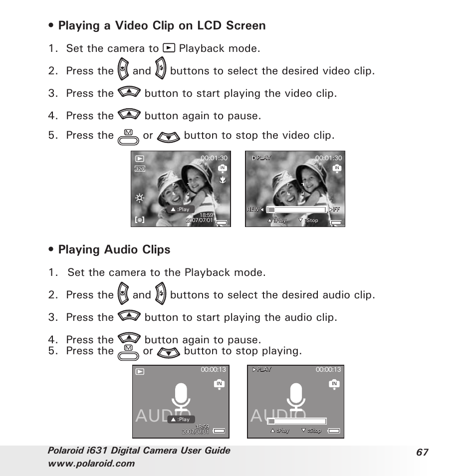 Audio, Playing a video clip on lcd screen, Playing audio clips | Polaroid I631 User Manual | Page 67 / 113