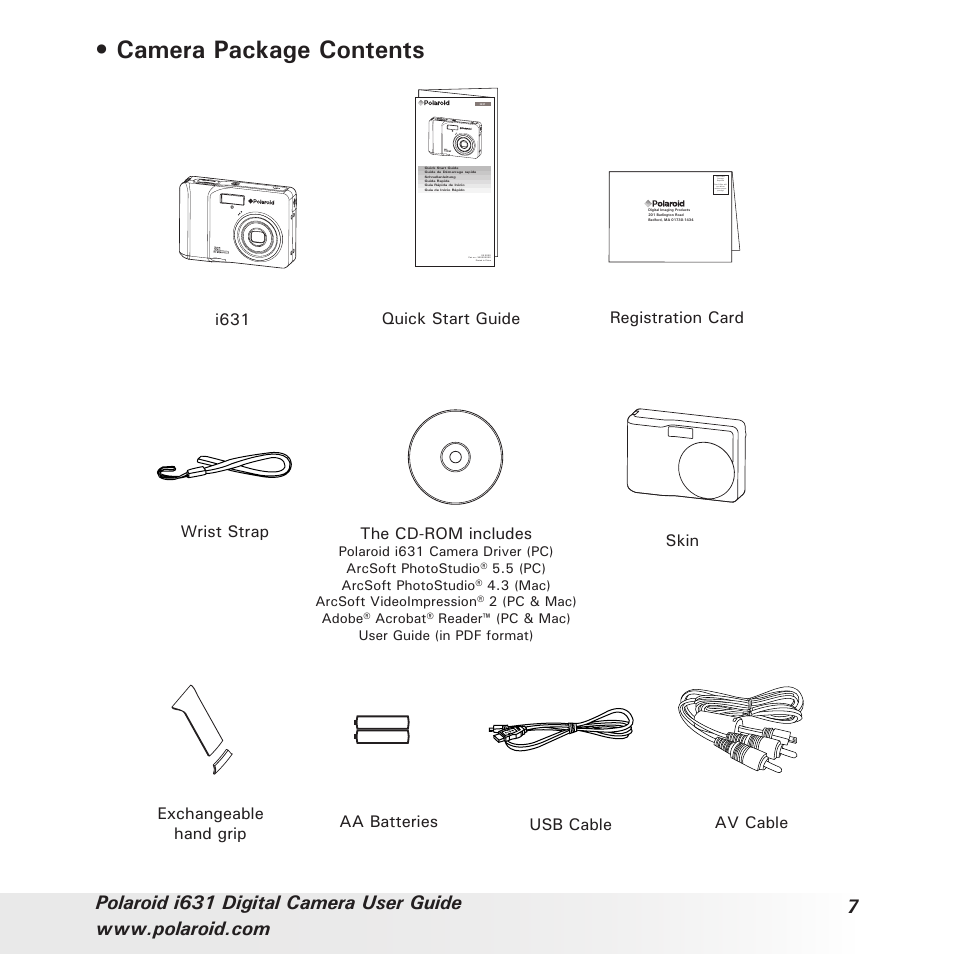 Camera package contents, Exchangeable hand grip registration card, I631 the cd-rom includes | Polaroid I631 User Manual | Page 7 / 113