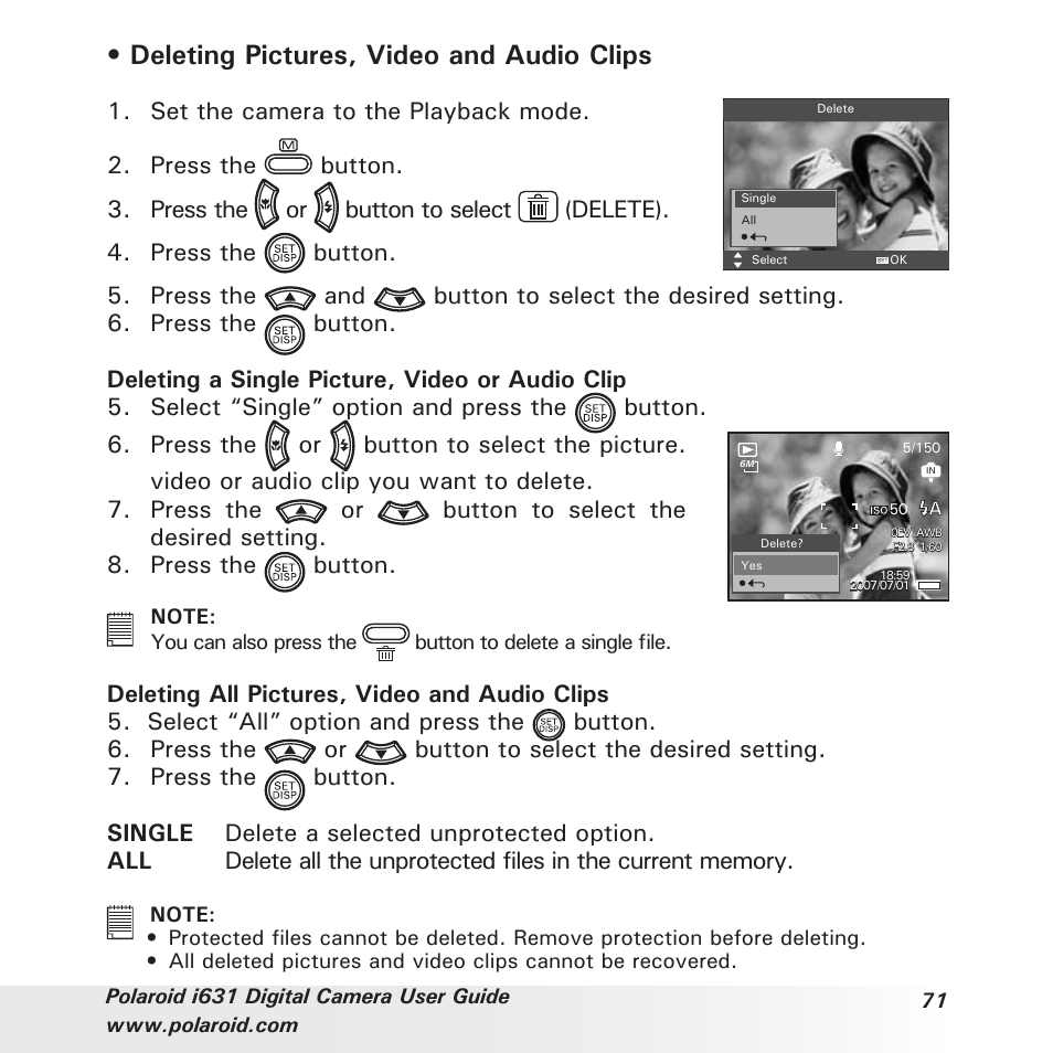 Deleting pictures, video and audio clips | Polaroid I631 User Manual | Page 71 / 113