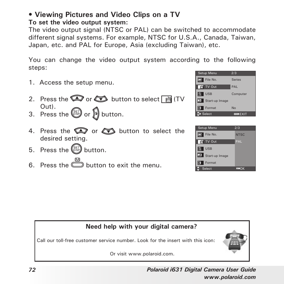 Viewing pictures and video clips on a tv | Polaroid I631 User Manual | Page 72 / 113