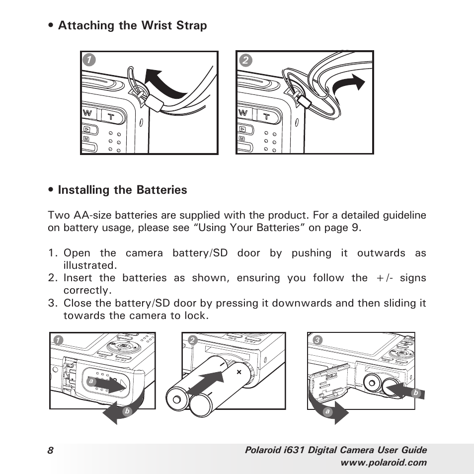 Attaching the wrist strap, Installing the batteries | Polaroid I631 User Manual | Page 8 / 113